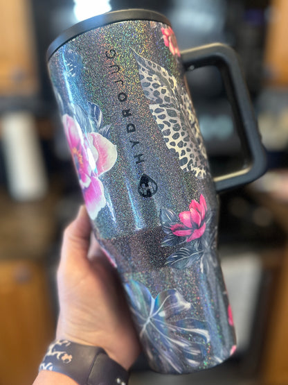 EUC 32 oz Dark Holographic Monstera Floral HydroJug Traveler