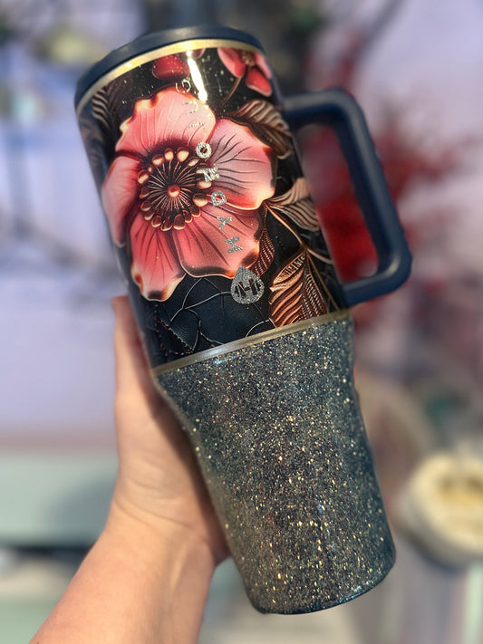 RTS New 32 oz Glitter Floral Navy HydroJug