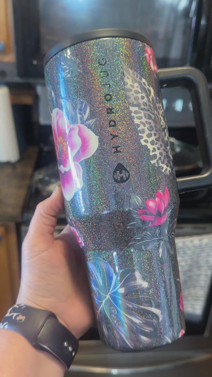 EUC 32 oz Dark Holographic Monstera Floral HydroJug Traveler