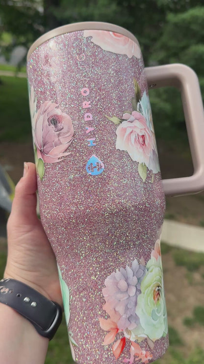 EUC 40 oz Glittered Floral Mauve HydroJug